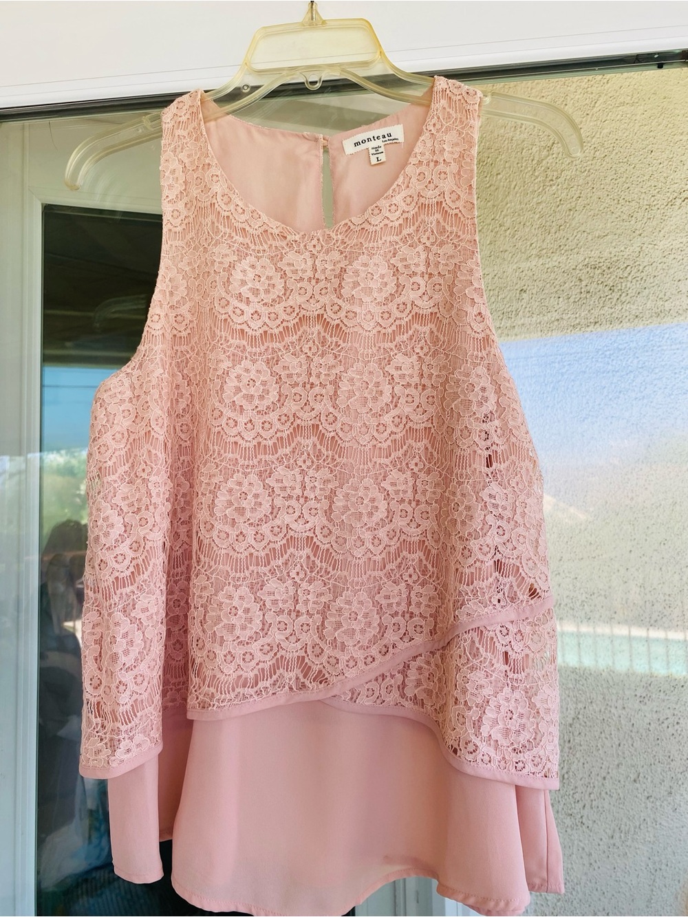 Monteau Blush Pink Lace Overlay Sleeveless Blouse Top Large Romantic